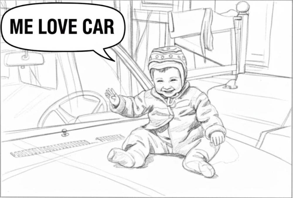 Ilustrație în creion: un copil pe capota unei mașini, cu balonul „Me love car”
