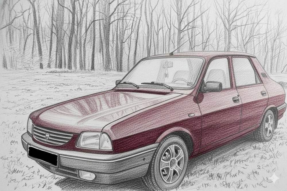 Ilustrație în creion: o Dacia pe un drum de vară