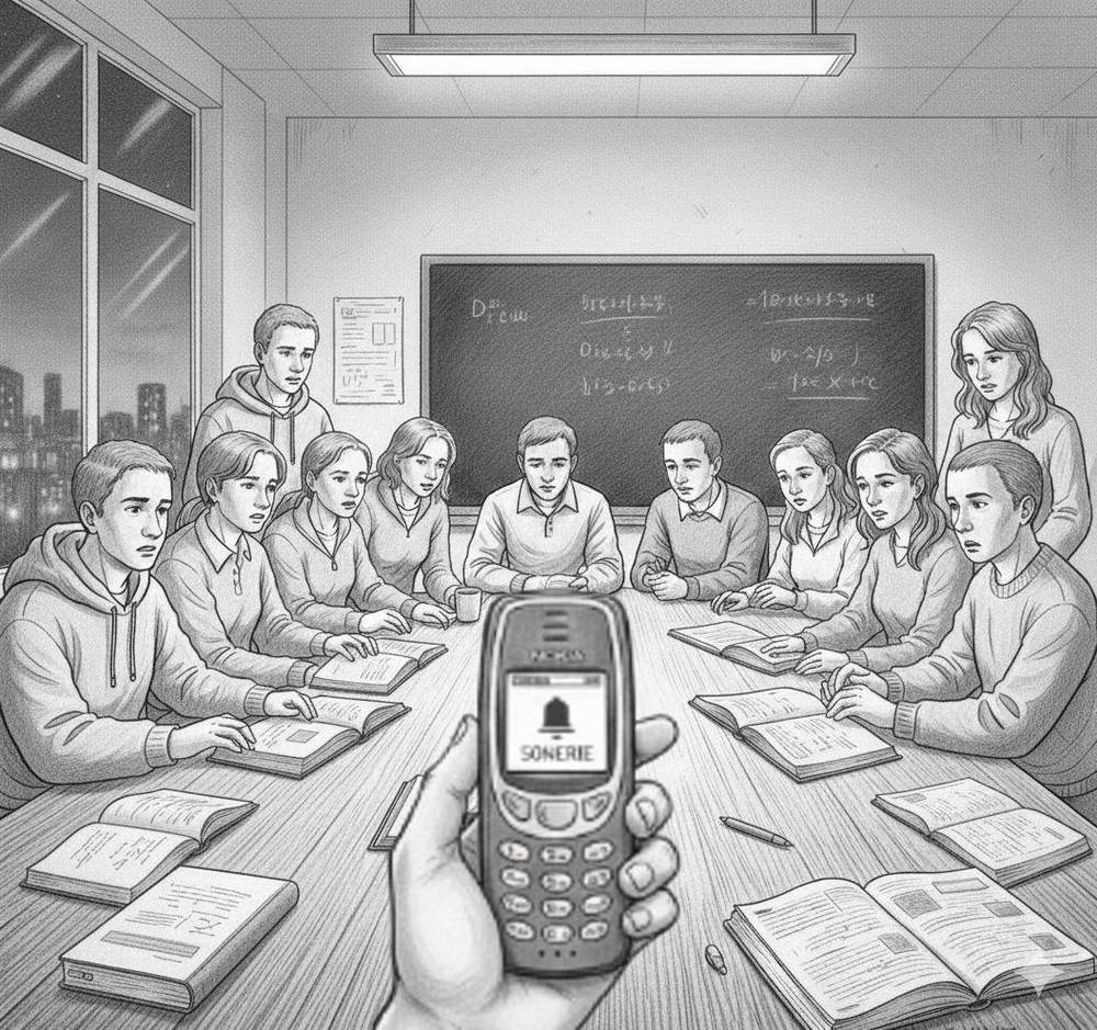 Ilustrație în creion: un student citește un SMS în sala de seminar